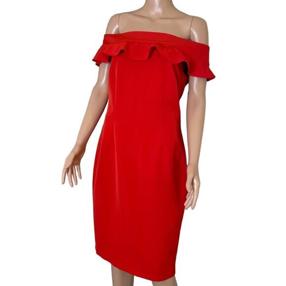 Eliza J. dress below knee ruffle shoulder line form fitting red zip up SZ 8 - Picture 3 of 12